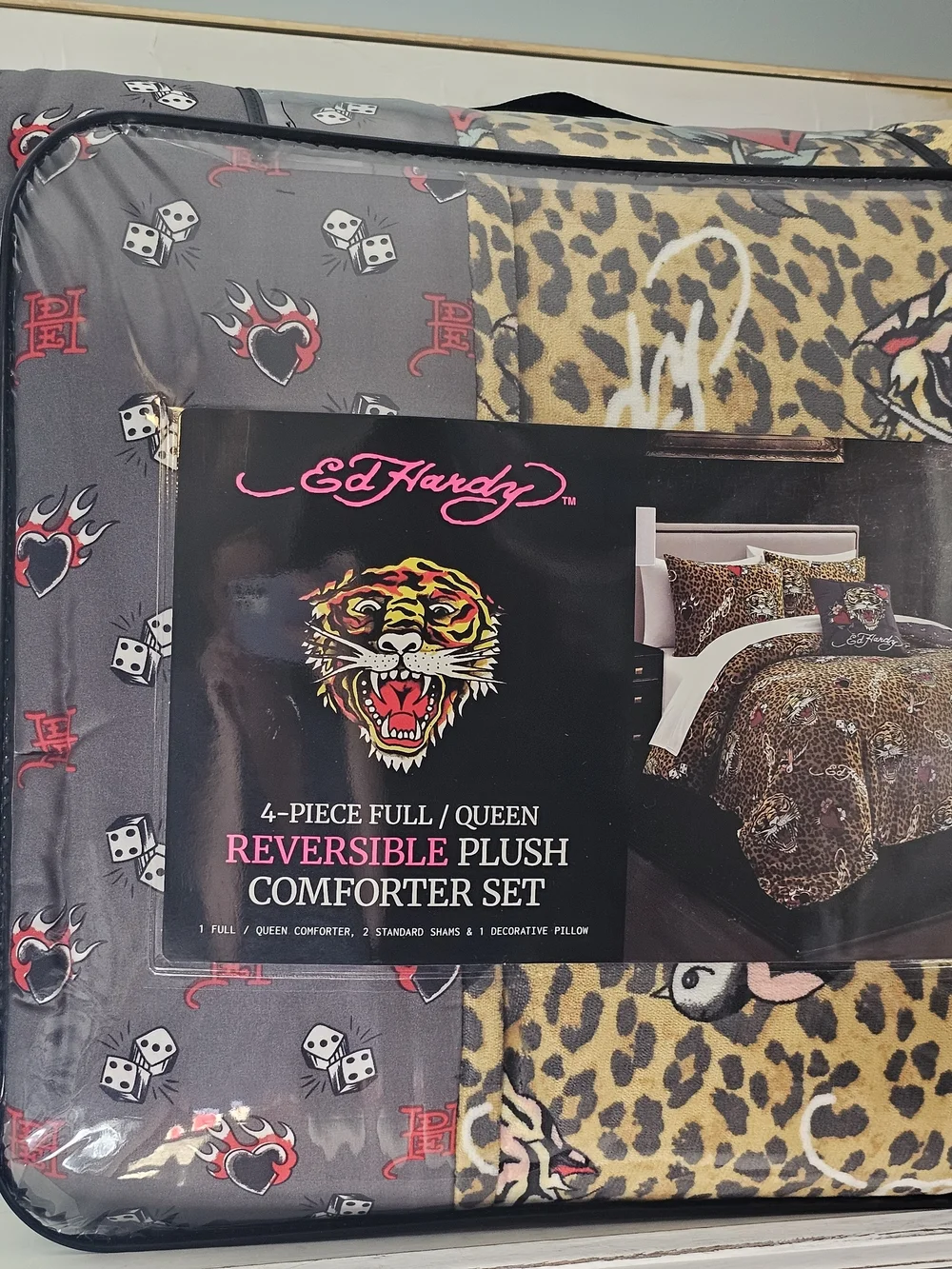 Ed Hardy Gray & Leopard Print Reversible Plush Comforter Set 4 Pc Queen